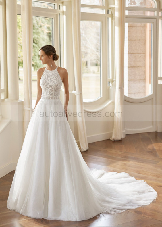 Beaded Halter Neck Ivory Lace Tulle Sparkly Wedding Dress